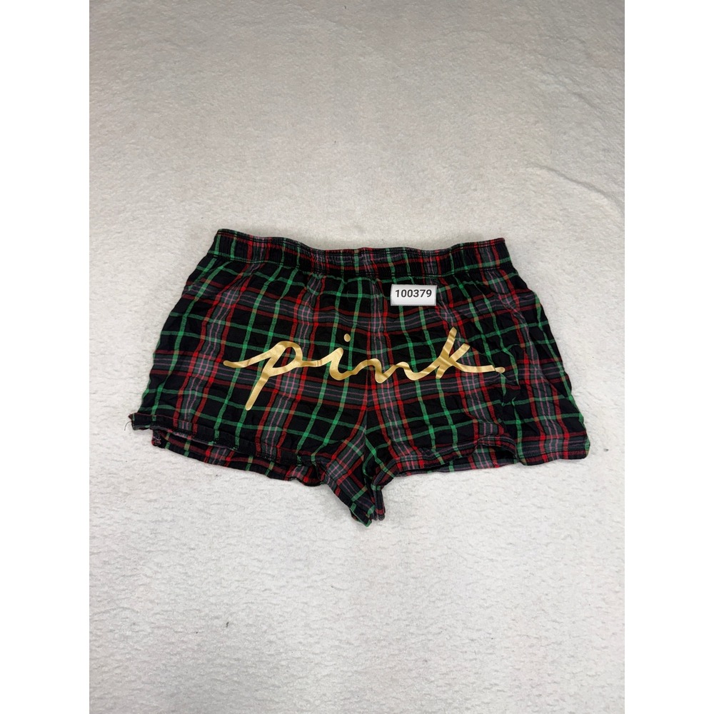 Victorias Secret PINK Plaid Pajama Shorts Red Green Gold Logo Sleepwear Small - Picture 2 of 6